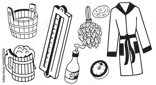 Doodle of Sauna Essentials, Black and White Vector Illustration 