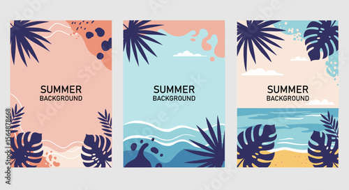 A collection of vibrant summer-themed background illustrations, featuring tropical leaves, abstract shapes, and beach scenes, perfect for seasonal designs and promotional materials.