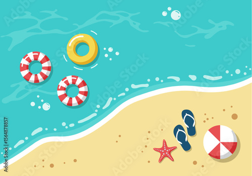 Top-down view illustrates a vibrant summer beach scene with inflatable rings floating in turquoise water, flip-flops, a starfish, and a beach umbrella on the sand.