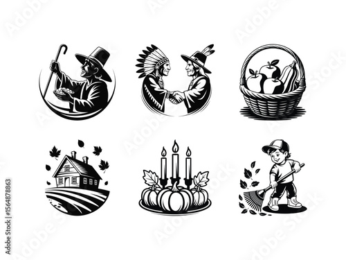 Pilgrim Native American handshake harvest basket pumpkins candles boy raking leaves apples