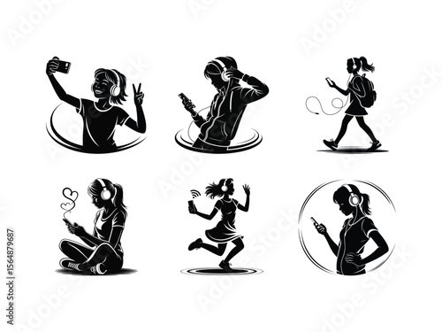 Silhouettes of girls enjoying music and phones headphones