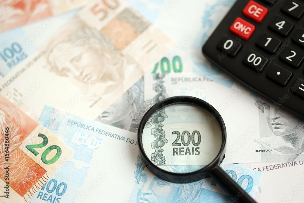 Fototapeta premium Brazilian reais banknotes and calculator with magnifying glass. Brazil real money, calc with loupe