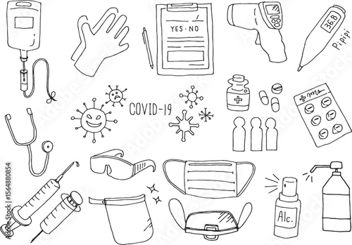 medical equipment, healthcare items, covid-19 symbols, stethoscope, gloves, syringe, thermometer, virus, pills, hand sanitizer, medical chart, clinical supplies, diagnostic tools, vaccination