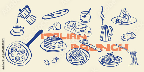 Whimsical italian food doodles. Quirky icons of brunch meals in simple crayon and sketch style. Trendy art for menus and dinner brunch invitations. La dolce vita vector illustration