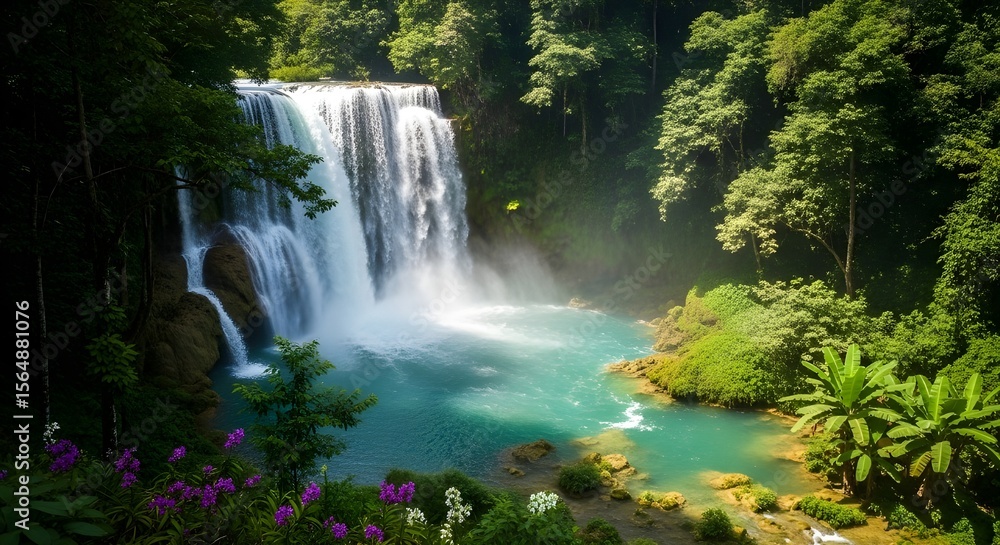 Fototapeta premium Crystal Clear Waterfall in Lush Tropical Forest