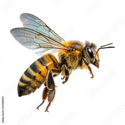 Detailed macro shot of a honey bee in flight isolated on transparent background.