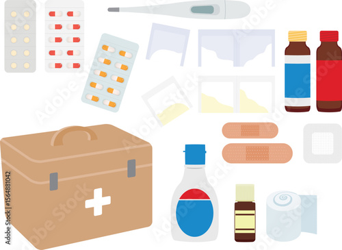 first aid box, medical supplies, bandages, pills, medicine bottles, syrup, thermometer, cotton swabs, gauze, antiseptic, adhesive tape, alcohol wipes, hot water bottle, medical equipment, healthcare