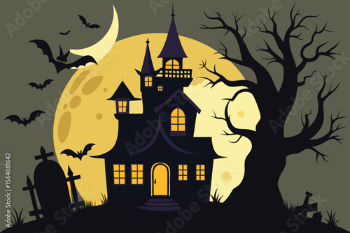 Spooky Halloween Night with Haunted House Bats Moon and Graveyard