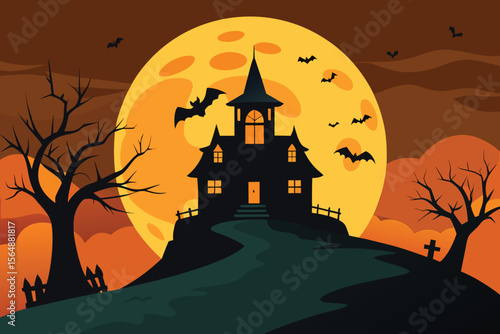 Spooky Haunted House on a Hill with Bats and Full Moon