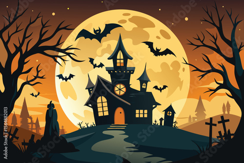 Spooky Halloween Night with Haunted House Bats Full Moon and Cemetery