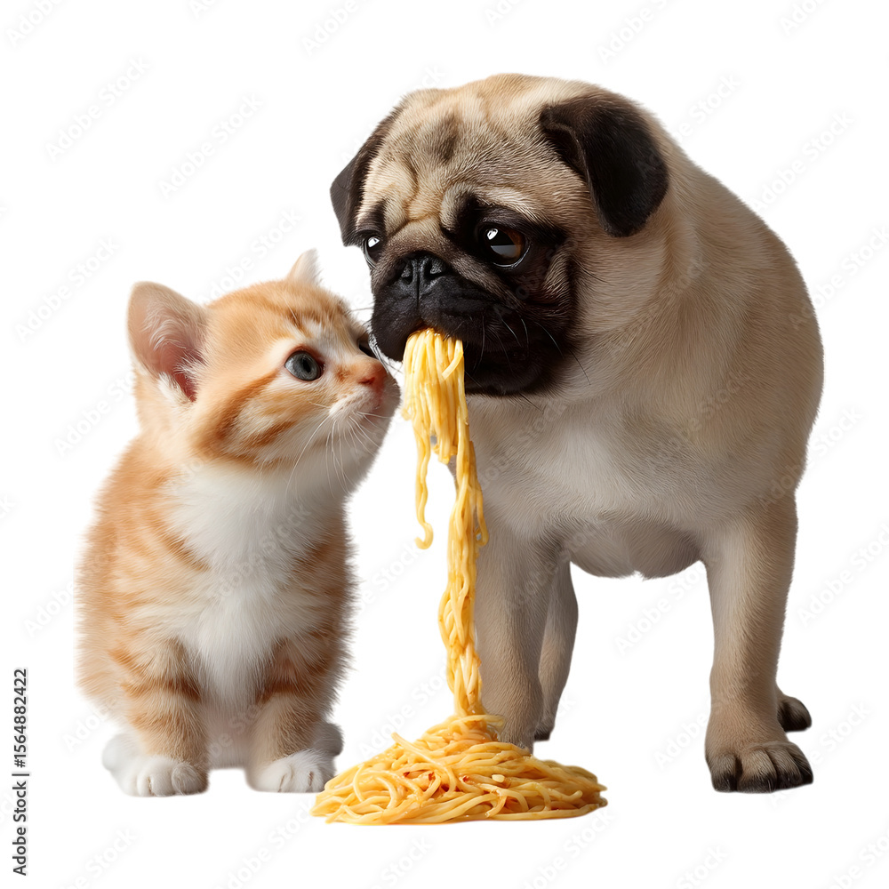 Obraz premium Cute kitten and pug puppy sharing spaghetti noodles isolated on transparent background