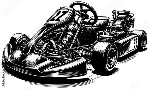 Go-kart with visible engine parts and low-profile tires