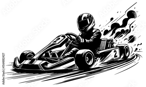 Side view of a go-kart skidding around a corner with smoke trails