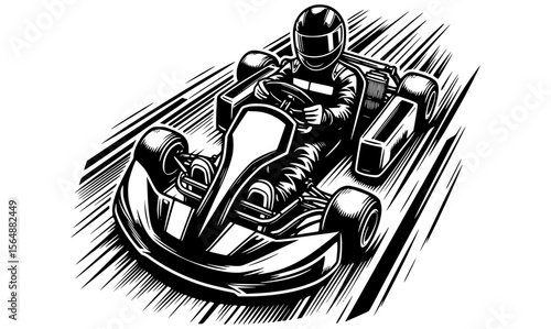 Top view black and white outline of a go-kart on a race track