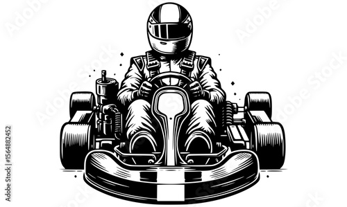 Classic go-kart design with vintage racing helmet and suit, illustrated in black and white line art