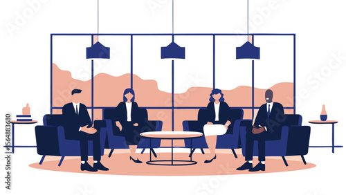 Group of four business people sitting in chairs in a modern office waiting room with a table between them
