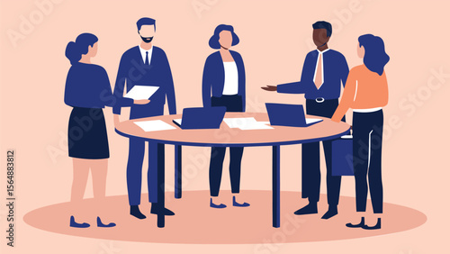 Group of diverse professionals collaborating around a round table with laptops and documents shown