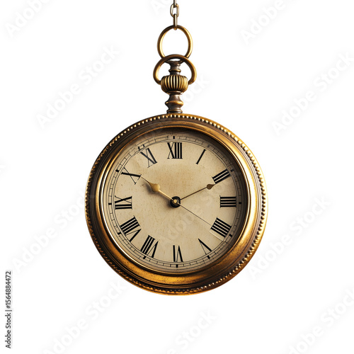 Antique gold pocket watch with roman numerals hanging on a chain isolated on transparent background