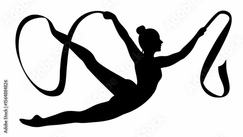 Silhouette of a rhythmic gymnast with a ribbon performing a split leap in a dynamic pose against white space