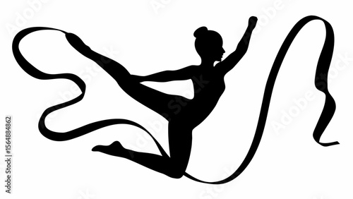 Silhouette of a rhythmic gymnast performing with a ribbon in a dynamic pose against a white background