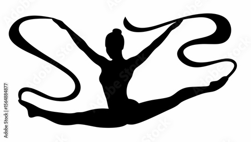 Silhouette of a gymnast performing a split with a ribbon held in each hand against a white background