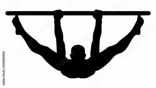 Silhouette of gymnast performing a straddle hang on a horizontal bar in a black and white illustration