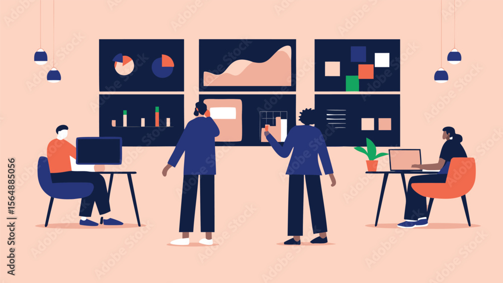Obraz premium Three people working in an office with graphs and charts on the wall and hanging lights above them all