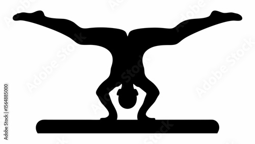 Silhouette of gymnast performing handstand split on balance beam with legs extended horizontally out wide