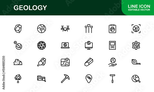 Geology, Unique Line Icon Collection. Creative, premium-quality outline icons featuring geological tools, stratigraphy, tectonic plates, and excavation symbols for scientific visuals.