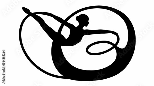 Silhouette of a rhythmic gymnast performing with a ribbon in an artistic black and white design style