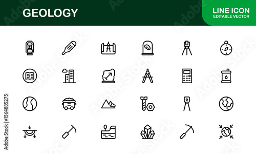 Geology, Unique Line Icon Collection. Creative, premium-quality outline icons featuring geological tools, stratigraphy, tectonic plates, and excavation symbols for scientific visuals.