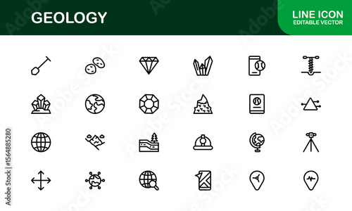 Geology, Unique Line Icon Collection. Creative, premium-quality outline icons featuring geological tools, stratigraphy, tectonic plates, and excavation symbols for scientific visuals.