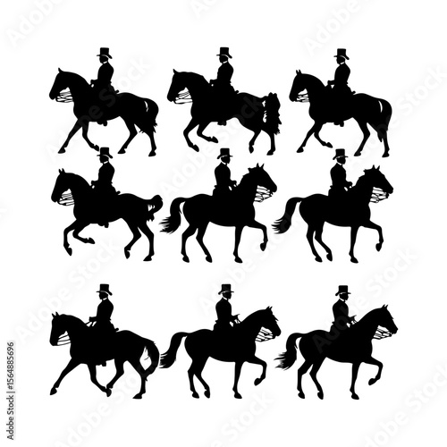Cavalry on Horseback Silhouettes Set Clipart on White Background