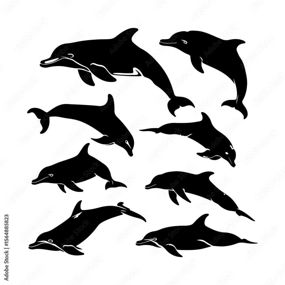 Fototapeta premium Dolphin Silhouette Set Clipart on White Background