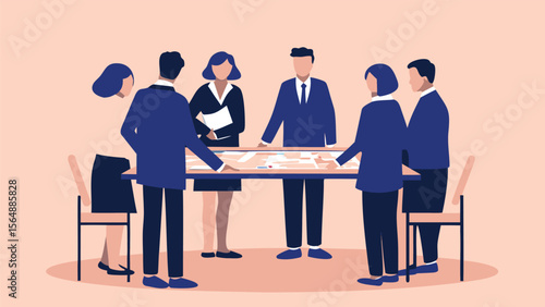 Group of people in suits standing around a table with documents during a business meeting scene illustration