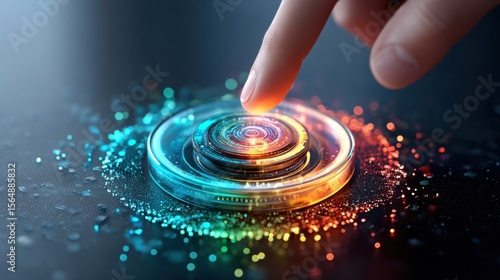 Finger Pressing Lit Circular Button on Shiny Dark Surface with Blue and Orange Lights Emanating Underneath Technology Concept