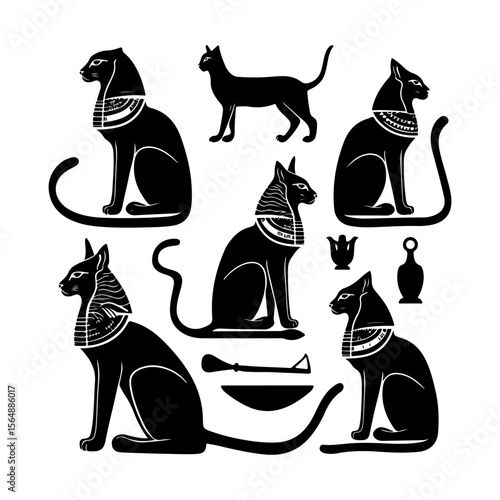 Egyptian Cat Black Silhouette Set Clipart on White Background
