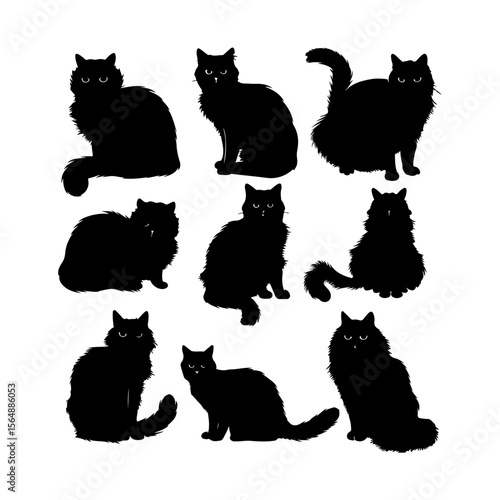 Exotic Shorthair Cat Black Silhouettes Set Clipart Black and White Background