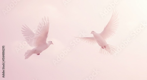 Soft silhouette of flying doves in light pink and white