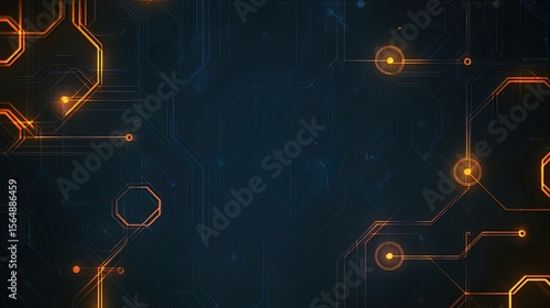 A futuristic circuit board background features glowing orange nodes and white geometric lines on a deep blue gradient, ideal for technology presentations.