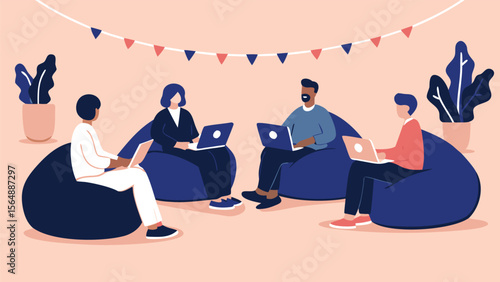 Four people working on laptops sitting in beanbag chairs at a casual office gathering illustration