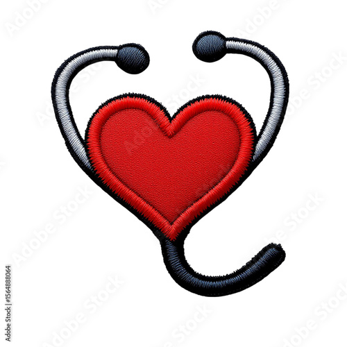 Embroidered Red Heart Stethoscope on Black Background for Healthcare Concepts