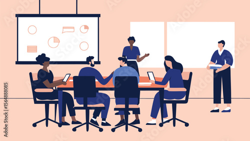 People sitting around a table in a meeting room with a presentation board and a person standing holding files