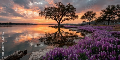 Fototapeta Naklejka Na Ścianę i Meble -  Vibrant sunset over a tranquil lake surrounded by blooming wildflowers and silhouetted trees