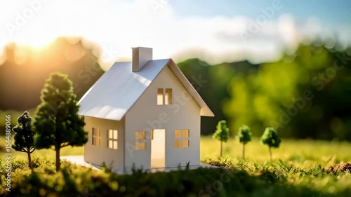 Wallpaper Mural Paper house miniature in a grassy field at sunset, representing real estate, dream home, and the ideal property surrounded by greenery in a peaceful nature scene Torontodigital.ca