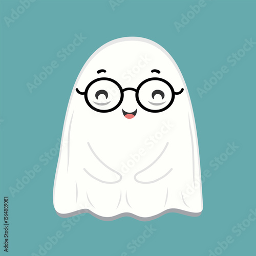 Happy ghost with glasses and a smile, shown on a flat teal background, fun and friendly Halloween concept