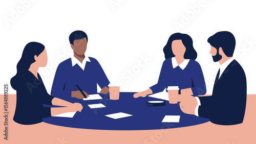 A group of four colleagues are sitting around a table in a meeting discussing business matters together