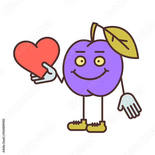 Plum character half turn holding heart and smiling