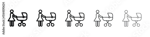 Woman with Baby Stroller icon web Vector collection in black strokes