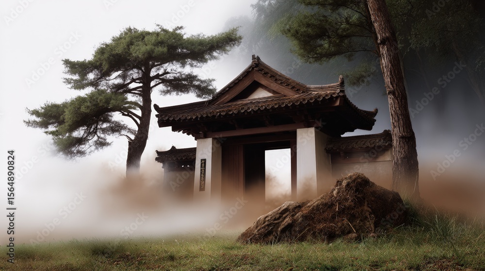 Fototapeta premium Ancient Ink Wash Temple Gate Hidden in Morning Fog